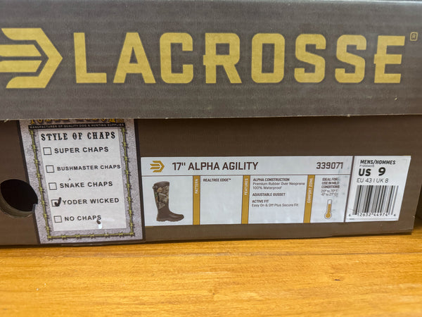 Lacrosse Alpha Agility Boots with Yoder Wicked Chaps - Size 9 | Standard Sized Chaps - CLEARANCE (NEW)