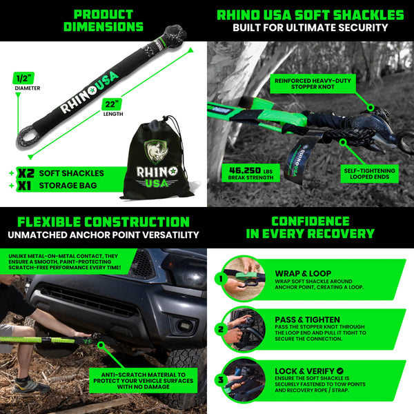 Rhino USA 1/2" Synthetic Soft Shackles - 2 Pack (Black)