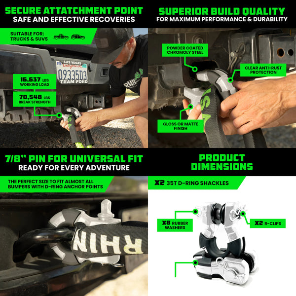 Rhino USA 8-Ton Super Shackles w/ Isolators (Black)