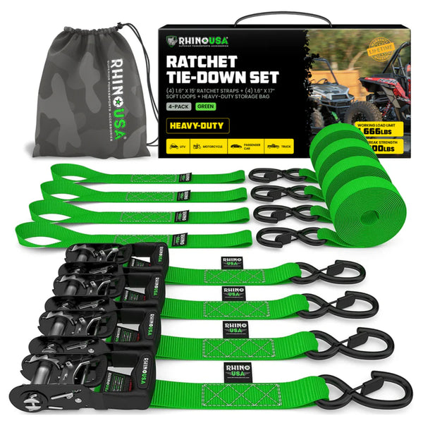Rhino USA 1.6" x 15' HD Ratchet Tie-Down Set - 4-Pack (Lime Green)