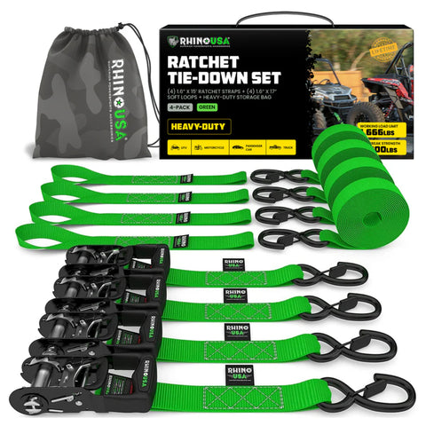 Rhino USA 1.6" x 15' HD Ratchet Tie-Down Set - 4-Pack (Lime Green)