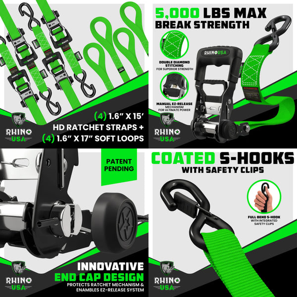 Rhino USA 1.6" x 15' HD Ratchet Tie-Down Set - 4-Pack (Lime Green)