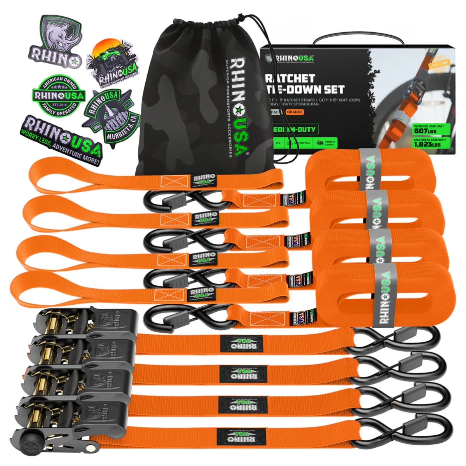 Rhino USA 1" x 15' Ratchet Tie-Down Set - 4-Pack (Orange)