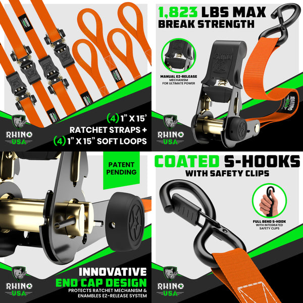 Rhino USA 1" x 15' Ratchet Tie-Down Set - 4-Pack (Orange)
