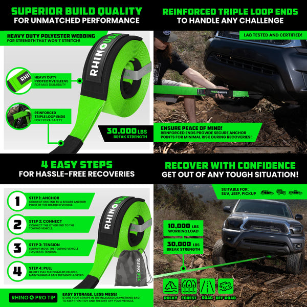 Rhino USA 3" x 30' Ultimate Recovery Tow Strap (Green)