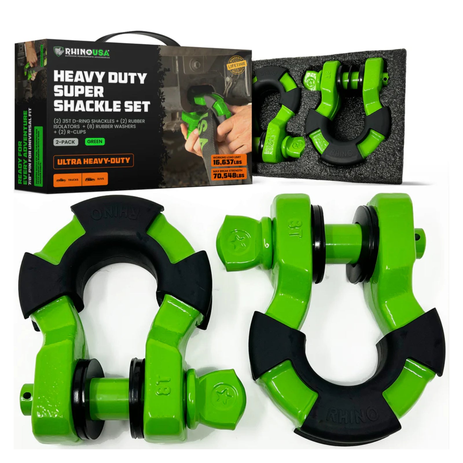 Rhino USA 8-Ton Super Shackles w/ Isolators (Lime Green)