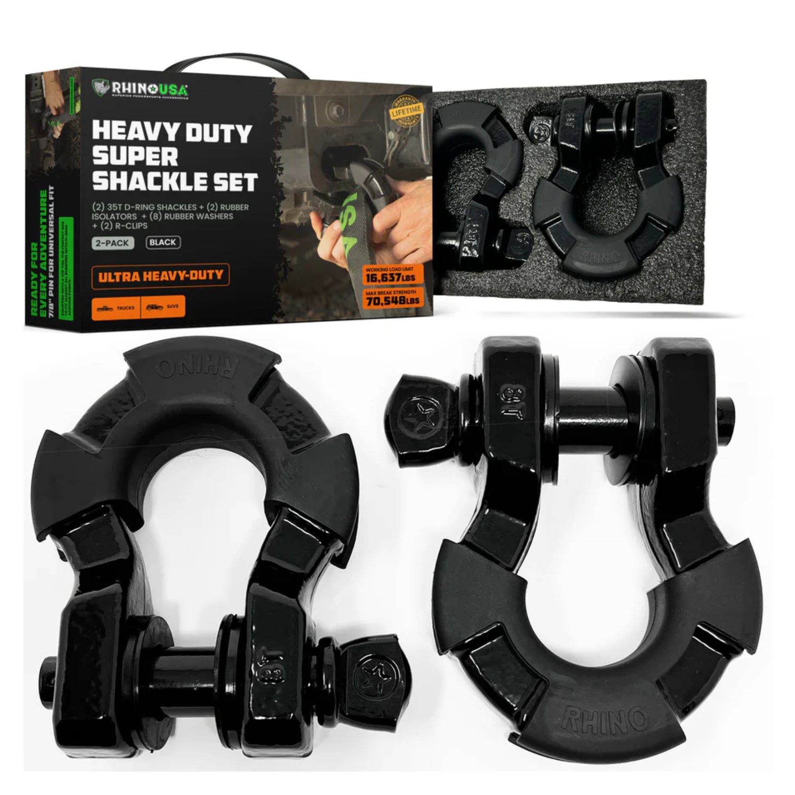 Rhino USA 8-Ton Super Shackles w/ Isolators (Black)