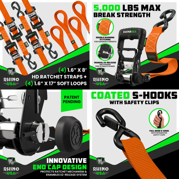 Rhino USA  1.6" x 8' HD Ratchet Tie-Down Set - 4-Pack (Orange)